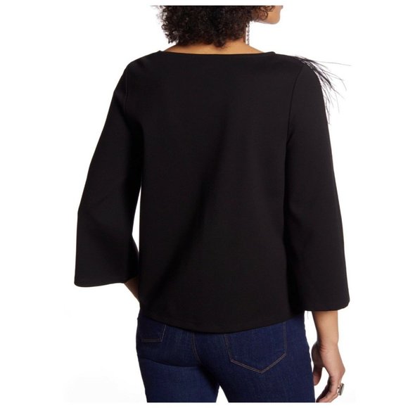 HALOGEN Black Zigzag Feather Trim Bell Sleeves Top - Picture 2 of 8